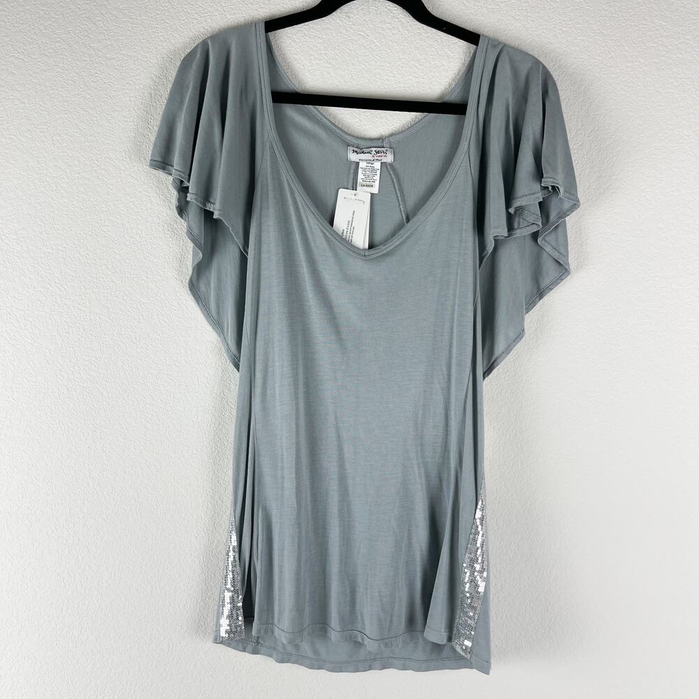 Michael Stars Jersey Sequin Top Womens One Size Gray Flutter Sleeve V Neck NWT